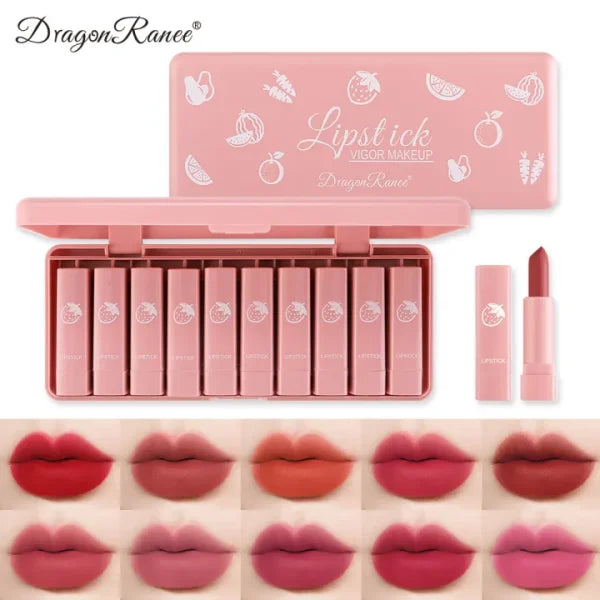 "Dragon Ranee 10-Piece Velvet Matte Pink Lipstick Set"